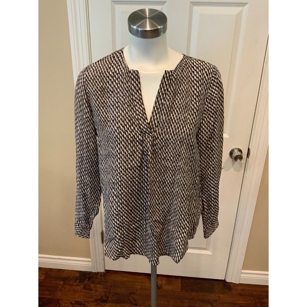Joie Black & White Geometric Print 100% Silk Blouse Top, Size Small